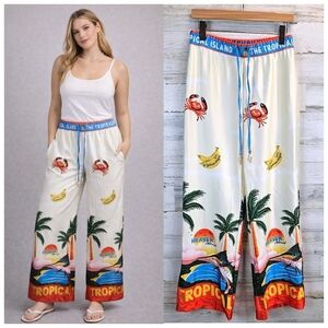 Joie Tropical Satin Wide Leg Pants S Sea Inspired Statement Maximalism Beachy